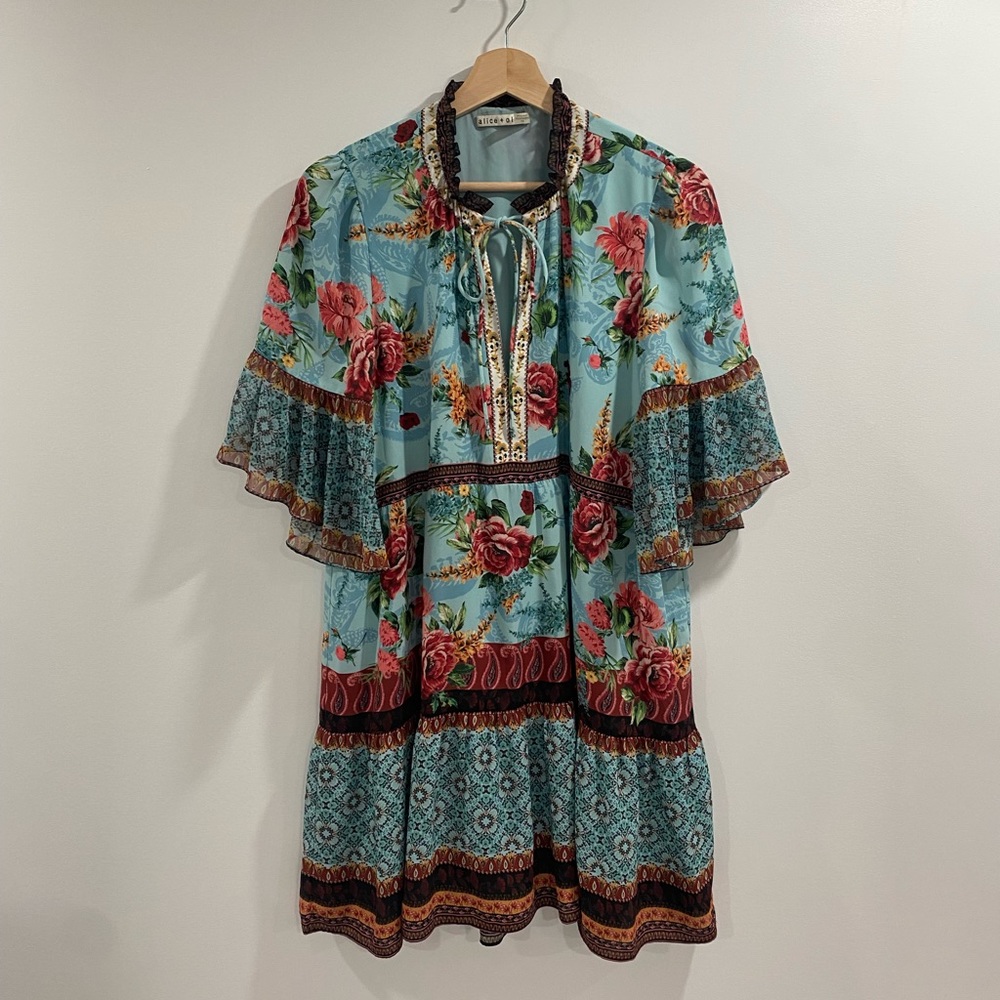 Alice + Olivia Aqua Floral Ruffled Mini Dress